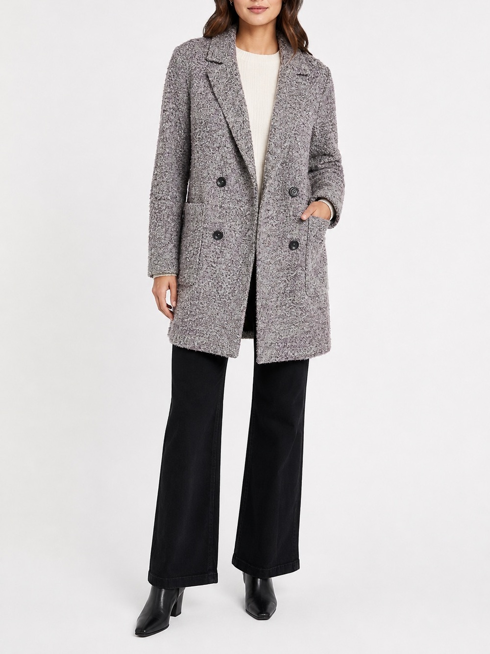 Halogen Bouclé Wool Blend Long Coat Gray Purple Double Breasted XS